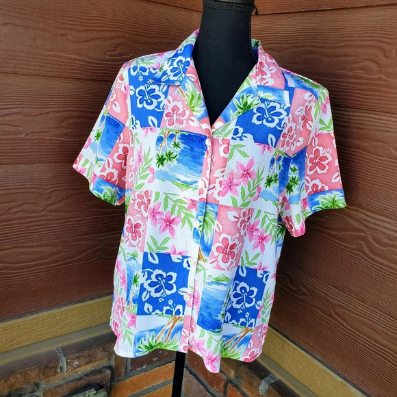 Vintage Alia Petites Women's Short Sleeve Tropical Buttondown Shirt Size 12 - Picture 4 of 11